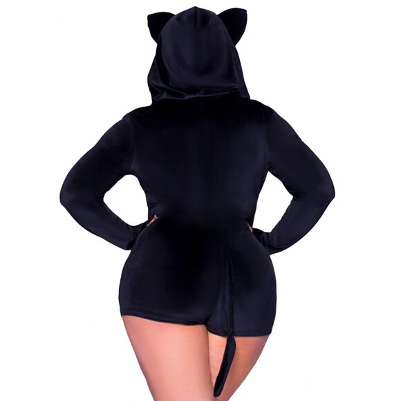 Plus Plush Velvet Black Cat Onesie with Tail and Bell - Picture 2 of 2